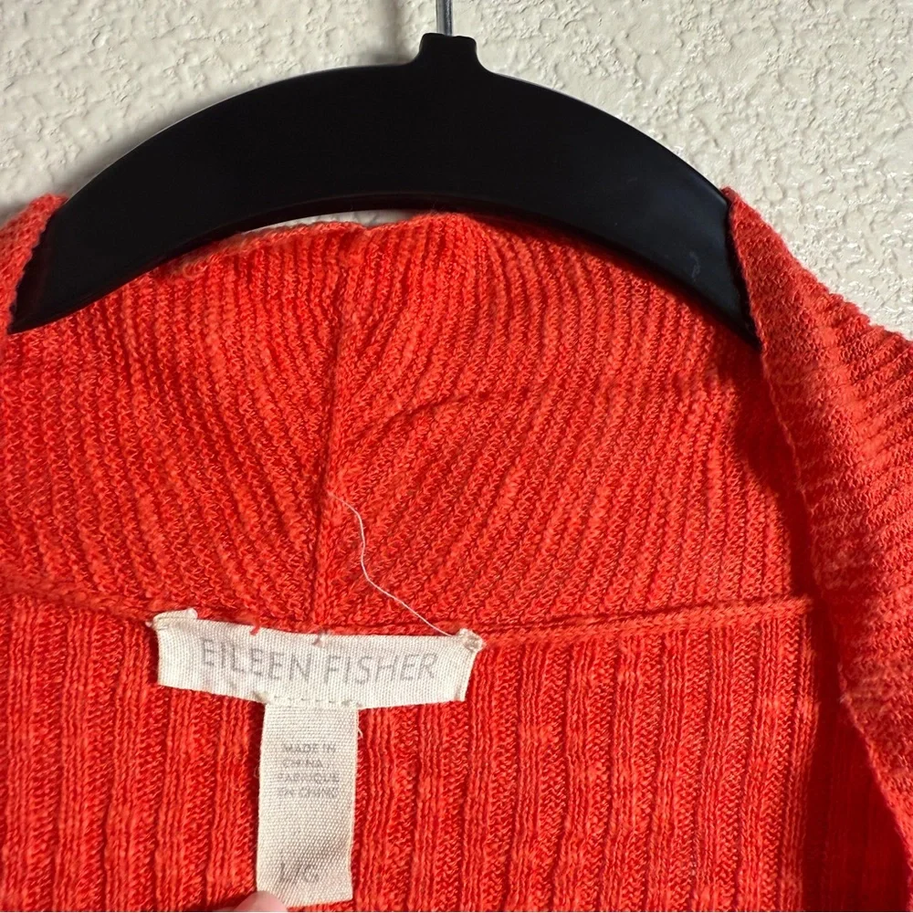 Eileen Fisher Sz L Women's Open‎ Front Cardigan Sweater Linen Cotton Blend Coral